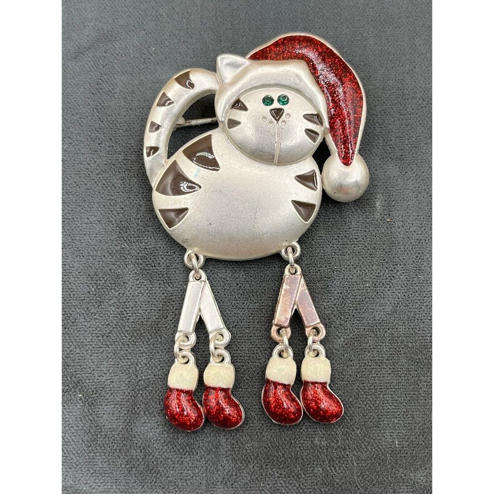 VINTAGE SILVER TONE BROOCH PIN ENAMEL GREEN EYE CAT CHRISTMAS DANGLE LEGS